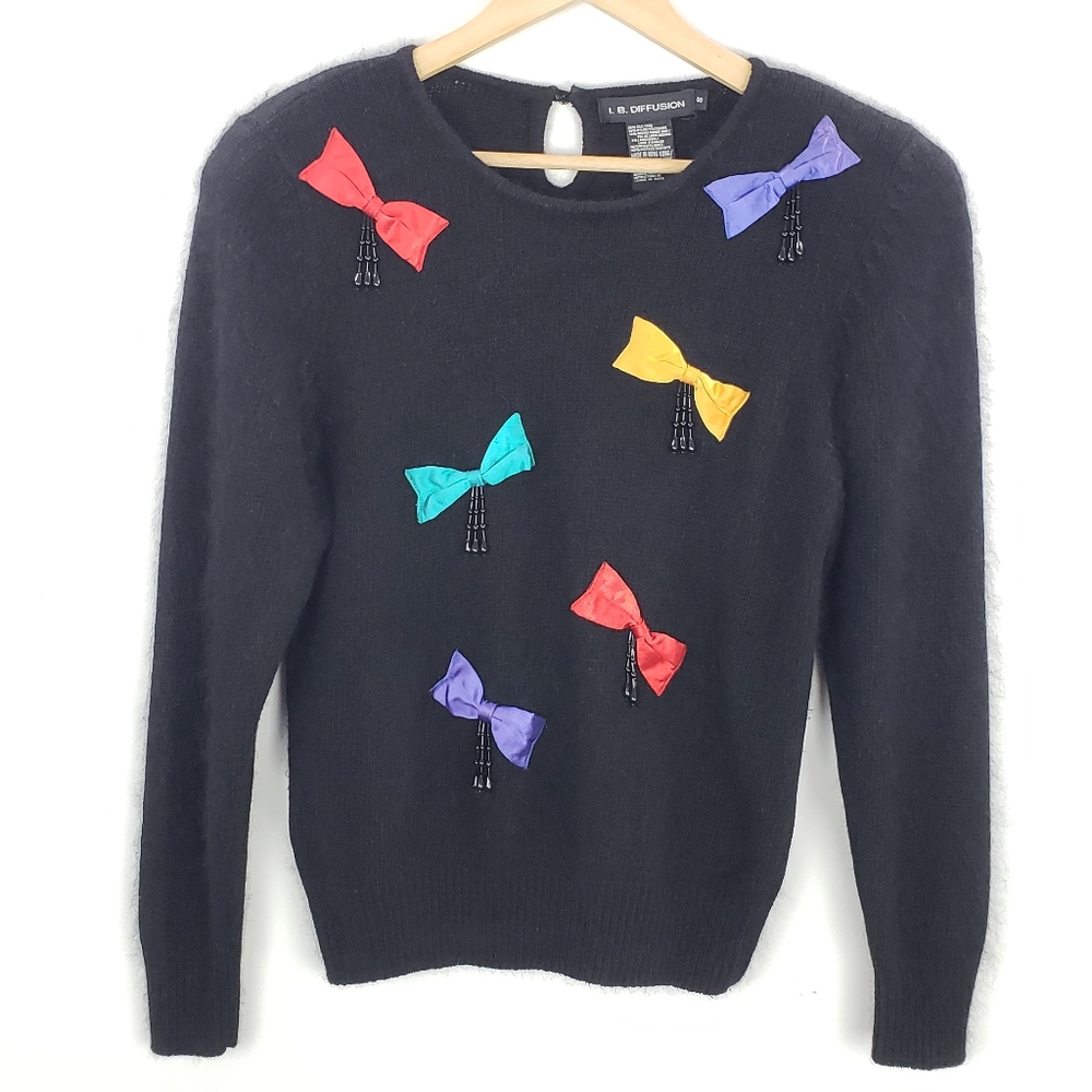Vintage Funky Angora Colorful Bow Sweater Small